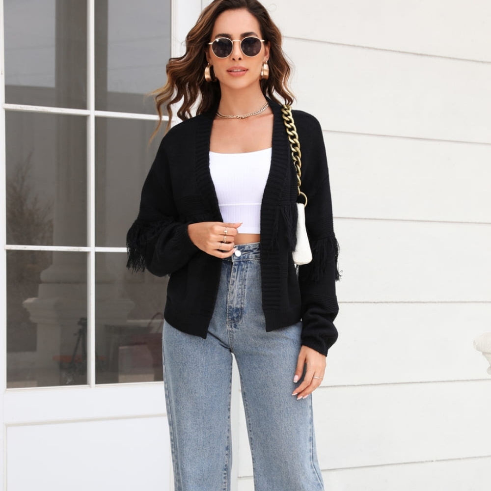 Fringe Trim Open Front Cardigan - Black - Picture 6 of 6
